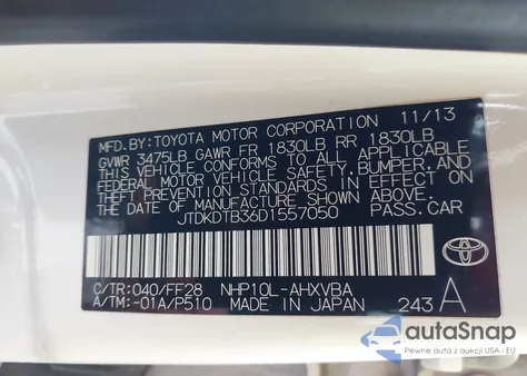 2013 Toyota Prius C Two from USA, damaged, VIN JTDKDTB36D1557050